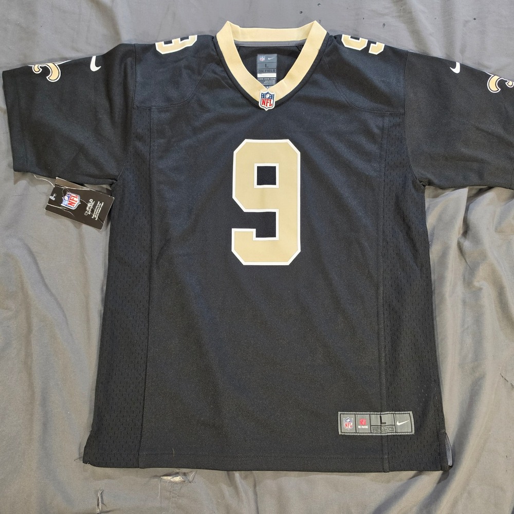 Nike NFL New Orleans Saints Drew Brees Jersey Youth Large Black Gold 9 NWT